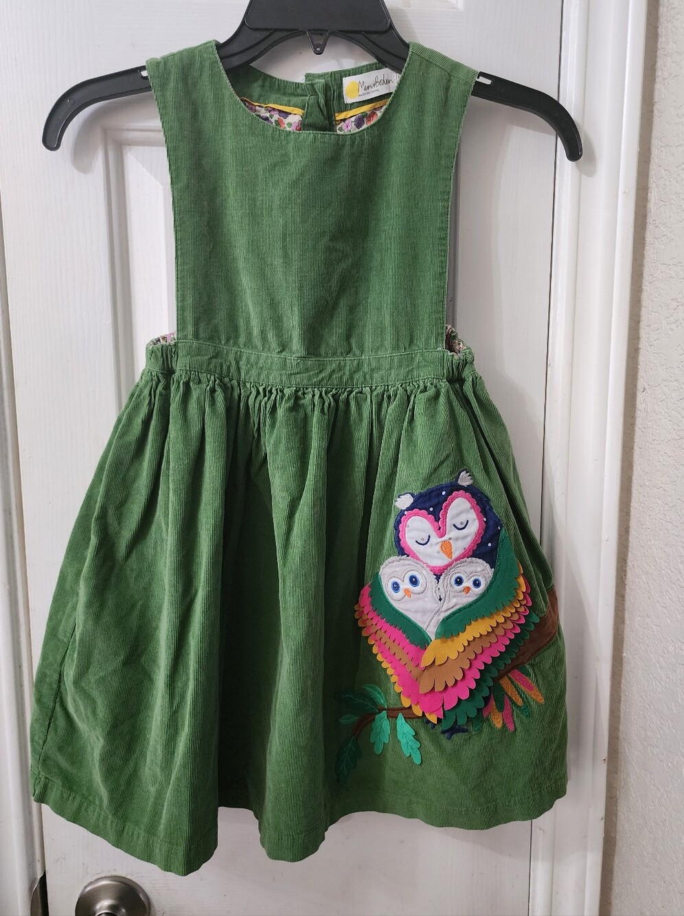 Mini Boden Green Pinafore Dress with Colorful Owl Appliqué